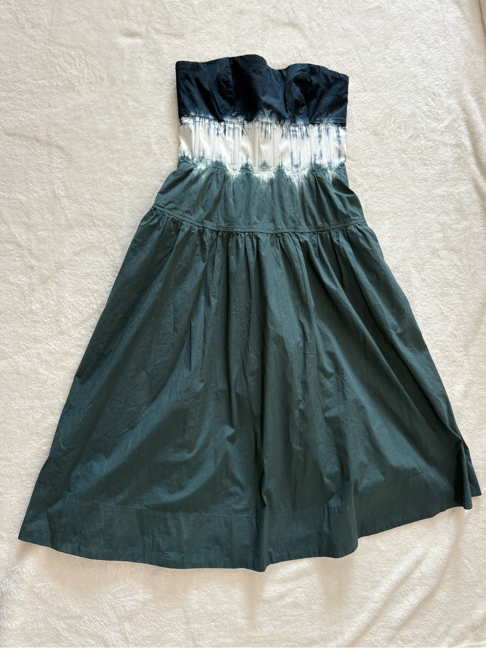 J.CREW Navy White Green Tie Dye Strapless Sleeveless Midi Cotton A-Line Dress 2